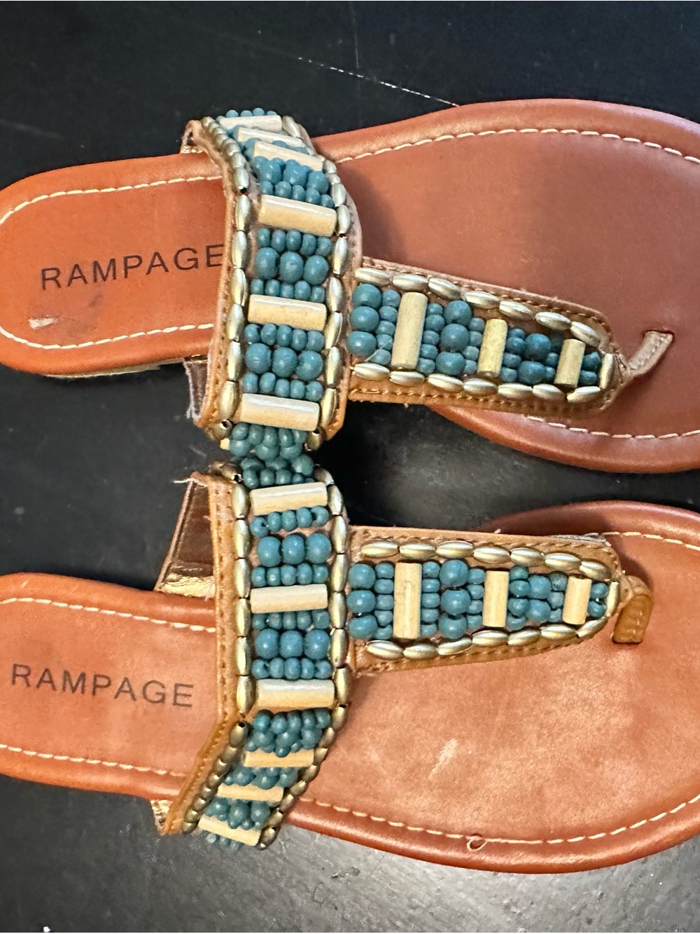 Rampage Brown Leather Sandals with Teal Beaded Straps